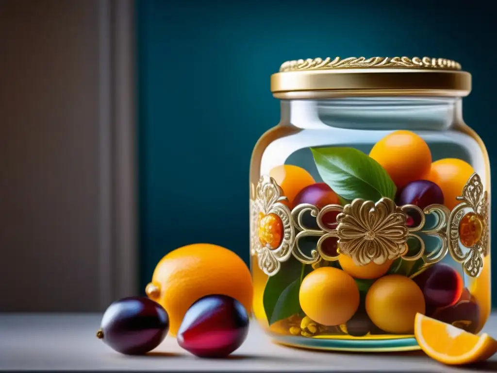 Un tarro de cristal lleno de frutas vibrantes en almíbar, con detalles barrocos franceses