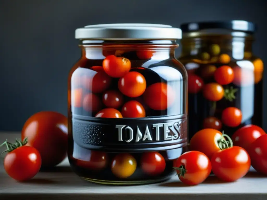 Un tarro de cristal con tomates rojos sumergidos en vinagre, historia métodos conservación alimentos vinagre