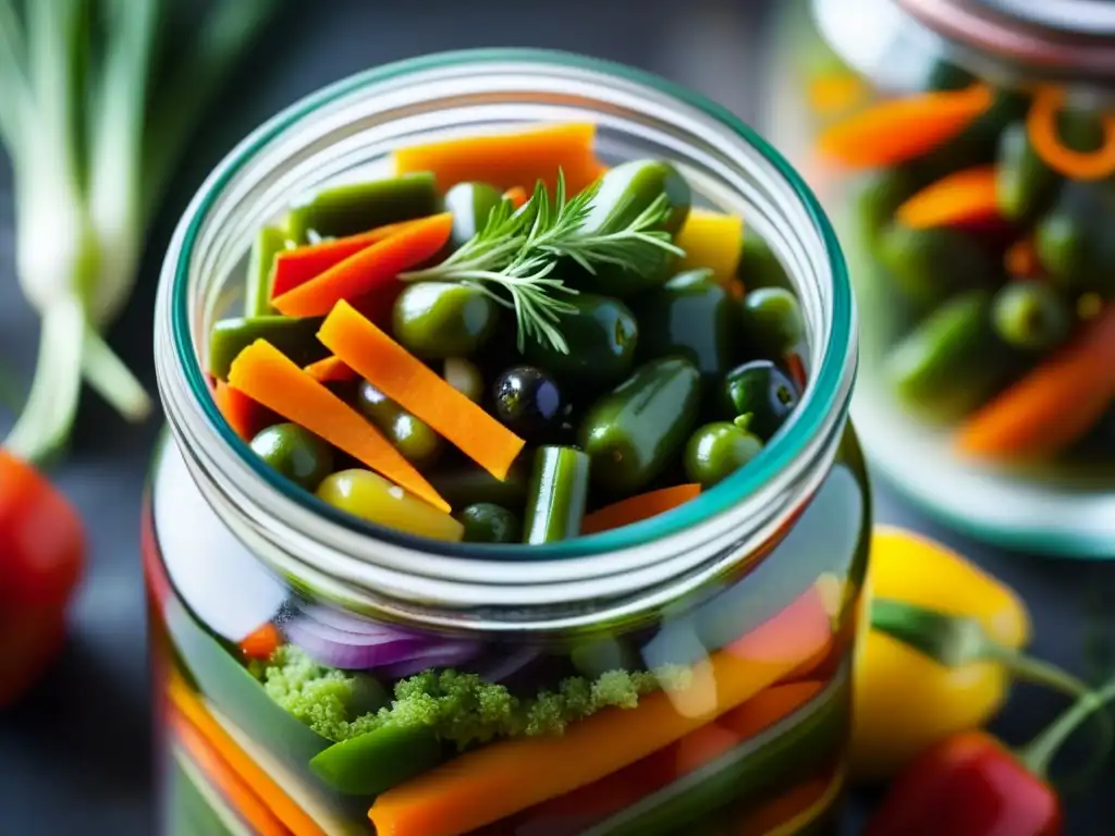 Un tarro de cristal vintage con capas de vegetales encurtidos en escabeche ácido-dulce