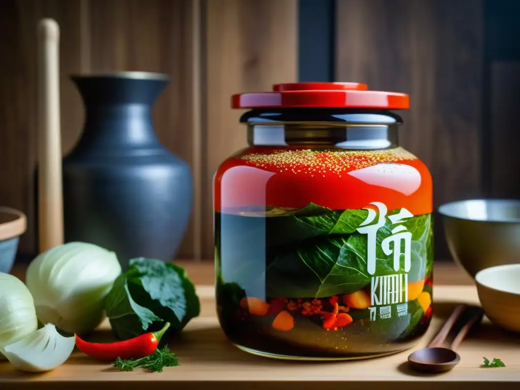 Un tarro de kimchi coreano muestra el arte de la fermentación con ingredientes vibrantes y utensilios tradicionales