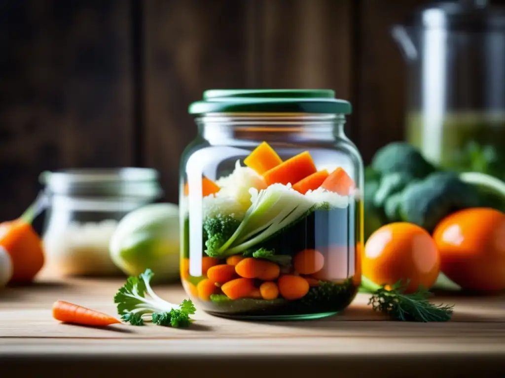 Tarro de vegetales fermentados en mesa de madera, burbujeando