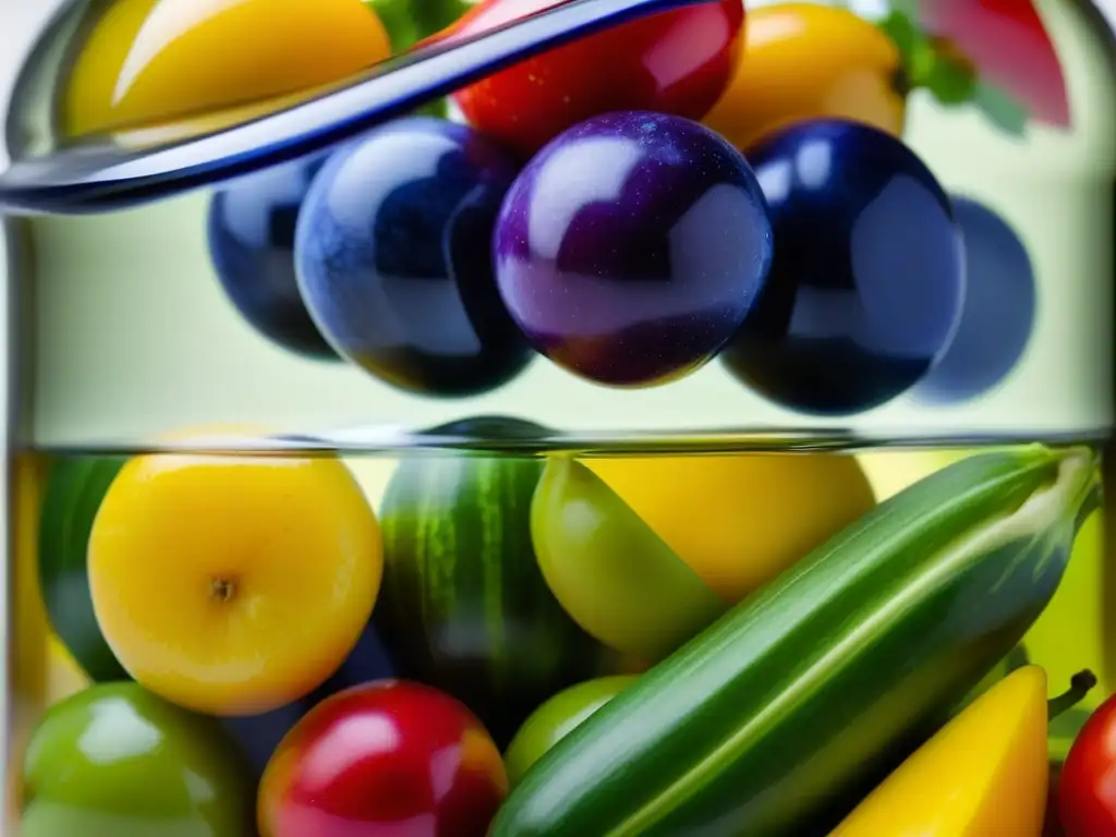 Un tarro de vidrio con frutas y verduras coloridas en vinagre, destacando la conservación de alimentos con vinagre