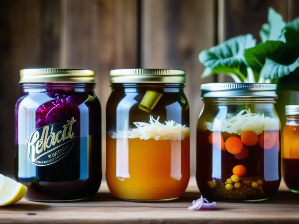 Tarros burbujeantes de alimentos fermentados caseros en una mesa rústica, resaltando la fermentación en recetas históricas culinarias