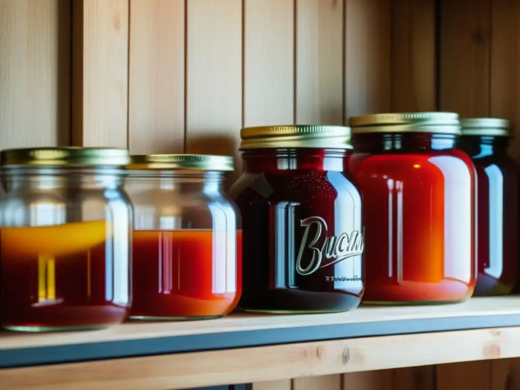 Tarros de fermentación coloridos en estantes de madera, iluminados por la luz natural, capturando el legado de técnicas de conservación culinaria