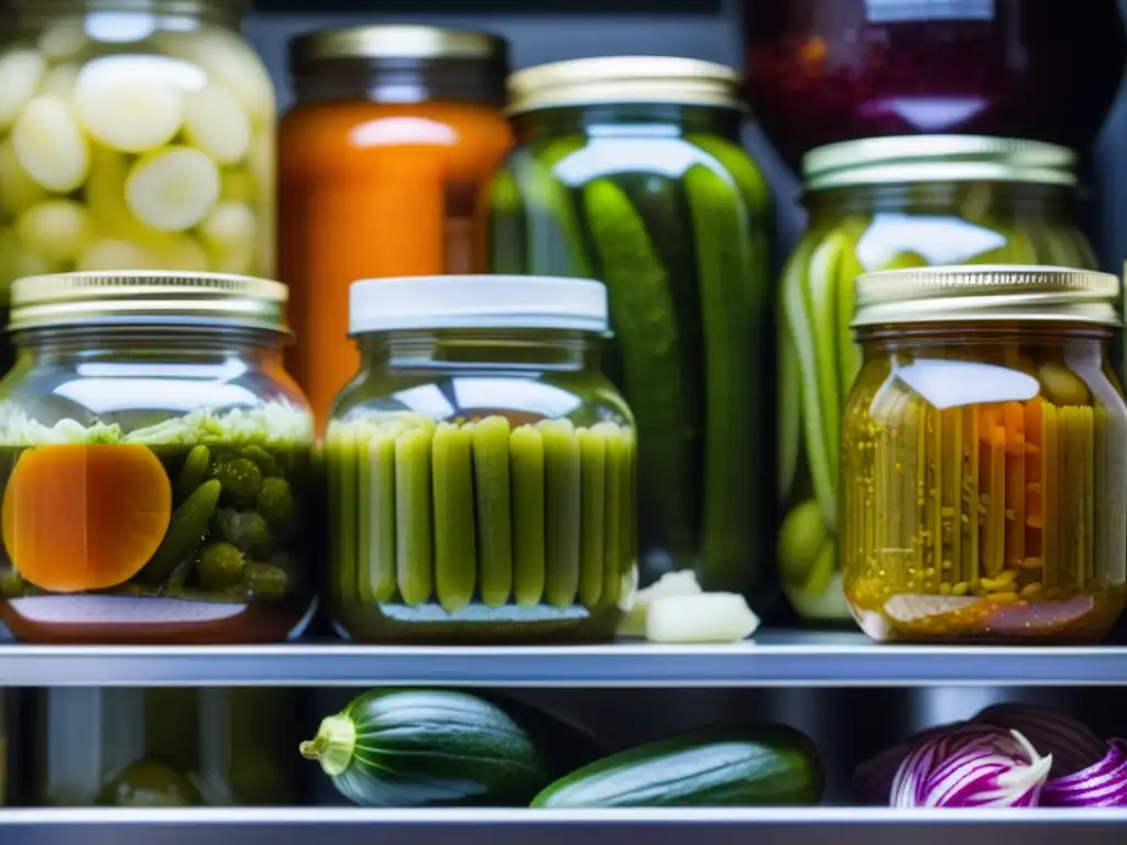 Tarros de fermentación con alimentos en proceso, burbujeantes y coloridos