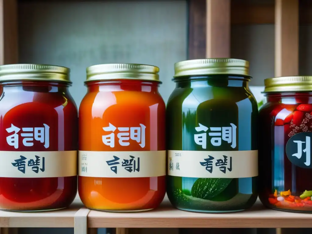 Tarros de kimchi coloridos fermentando en un mercado coreano tradicional