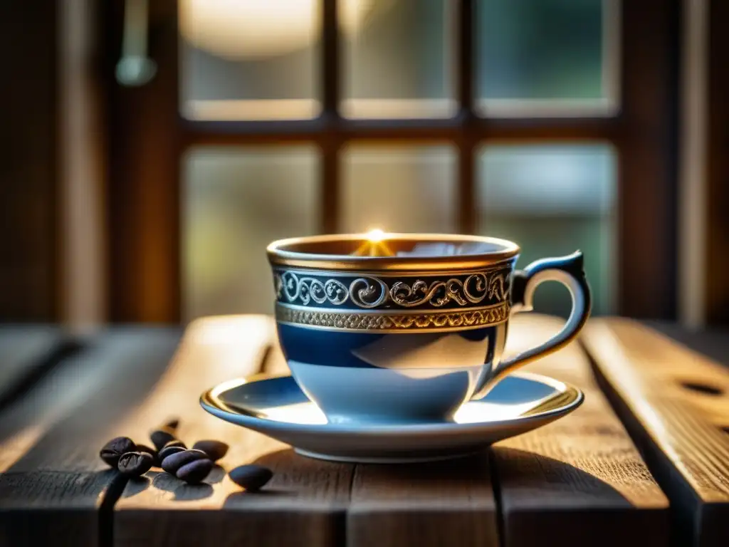 Una taza de café antigua de la era napoleónica, detallada y elegante sobre mesa de madera, con granos de café tostado