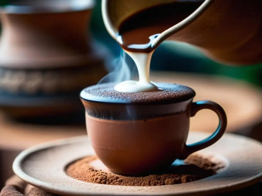 Una taza de barro con chocolate caliente maya recién hecho, resaltando su importancia cultural y tradición ancestral