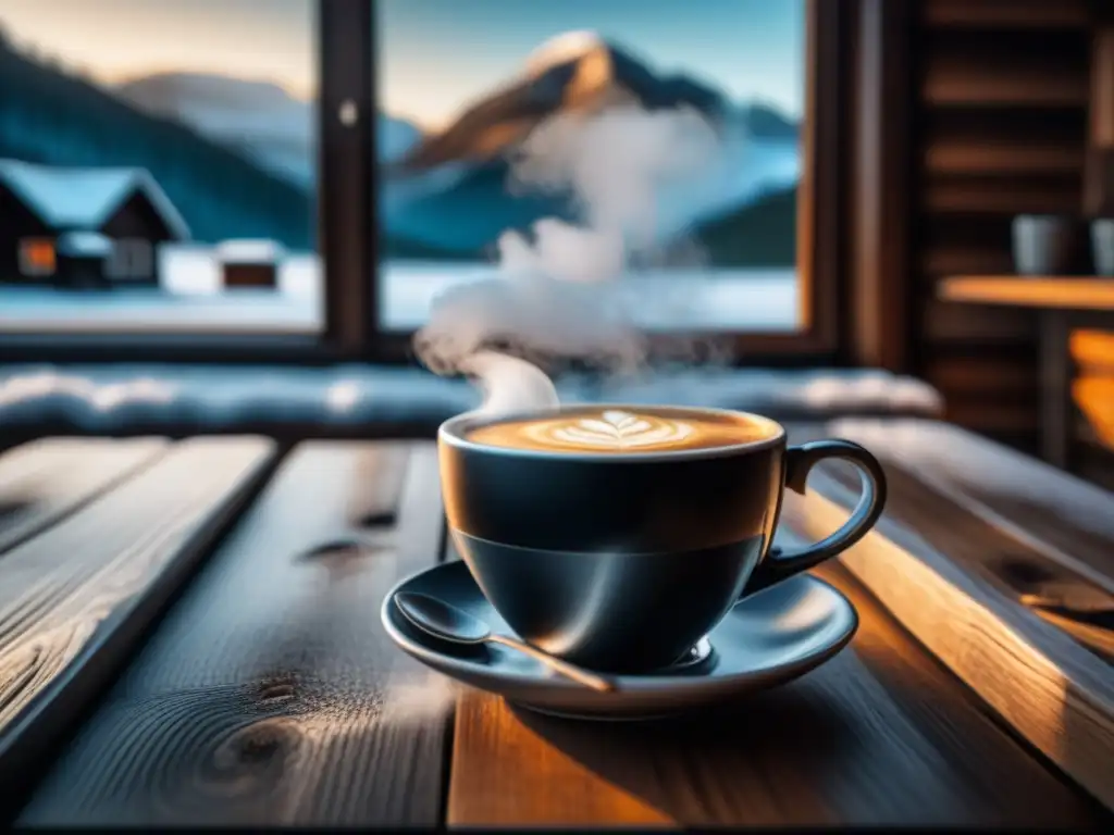 Una taza de café humeante en una cabaña escandinava, evocando la historia del consumo de café en Escandinavia