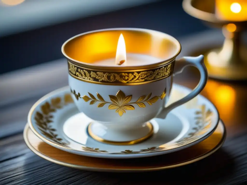 Una taza de café de porcelana napoleónica con detalles dorados y florales, reflejando la luz de una vela