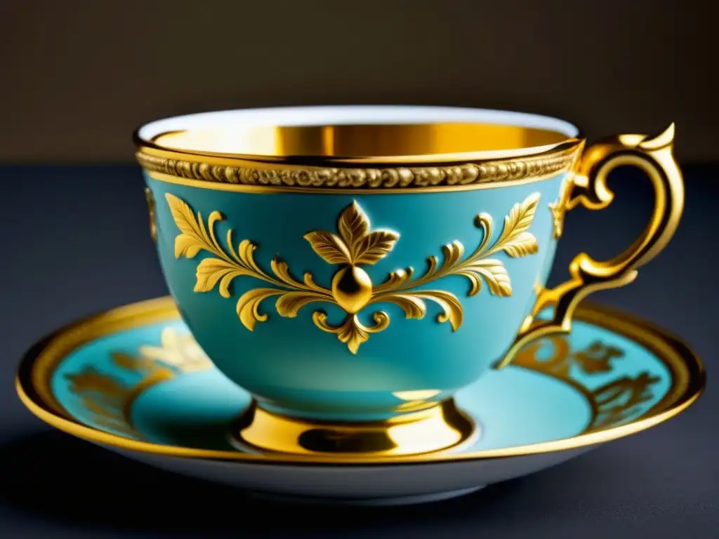 Una taza de café de porcelana delicada con detalles dorados de la época barroca francesa, destacando la introducción del café en Francia