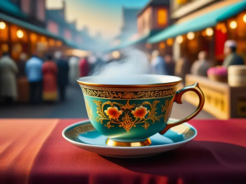 Una taza de té de chai en un mercado de Asia, fusionando tradiciones británicas con la vibrante vida cotidiana