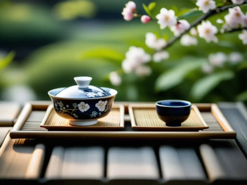 Una taza de té de porcelana con diseño japonés en ceremonia del té en historia