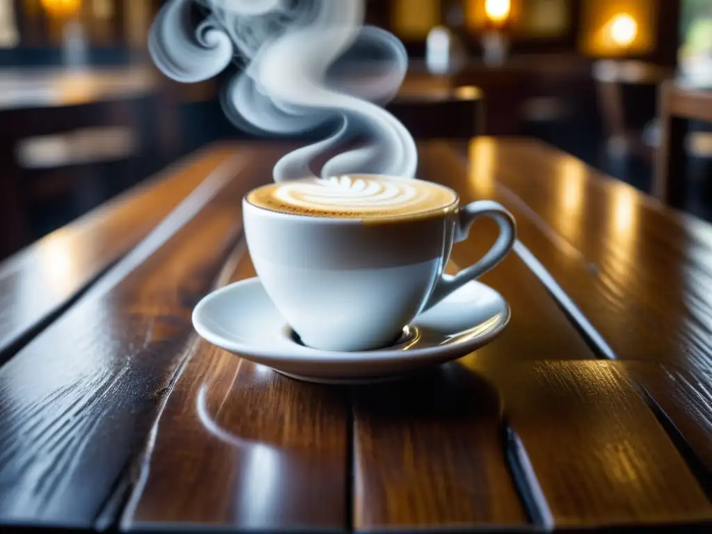 Una taza de espresso humeante en una mesa de madera rústica, con espuma detallada