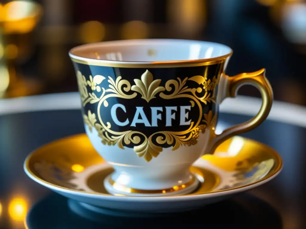 Una taza de café barroca francesa detallada, con diseños de hojas de oro y patrones florales, en un ambiente acogedor de café francés