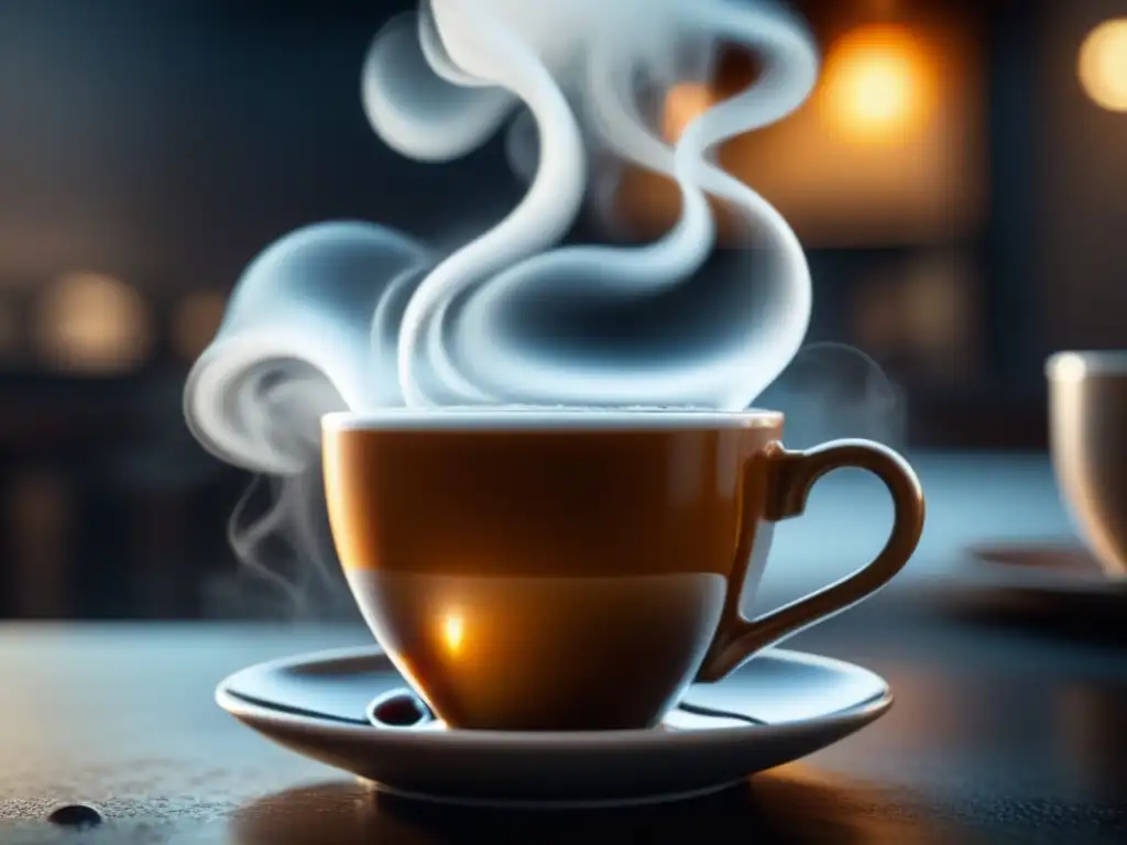 Delicados remolinos de vapor: café recién hecho Una taza de café recién hecho, con vapor y gotas de condensación, resalta la importancia cultural del café en América del siglo XIX