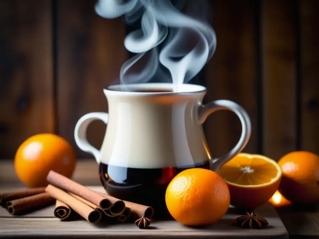 Una taza de glögg humeante con canela y naranja en mesa rústica