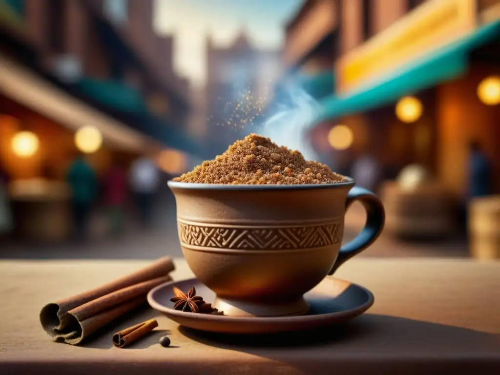 Una taza humeante de masala chai con canela y cardamomo, en una calle de mercado indio