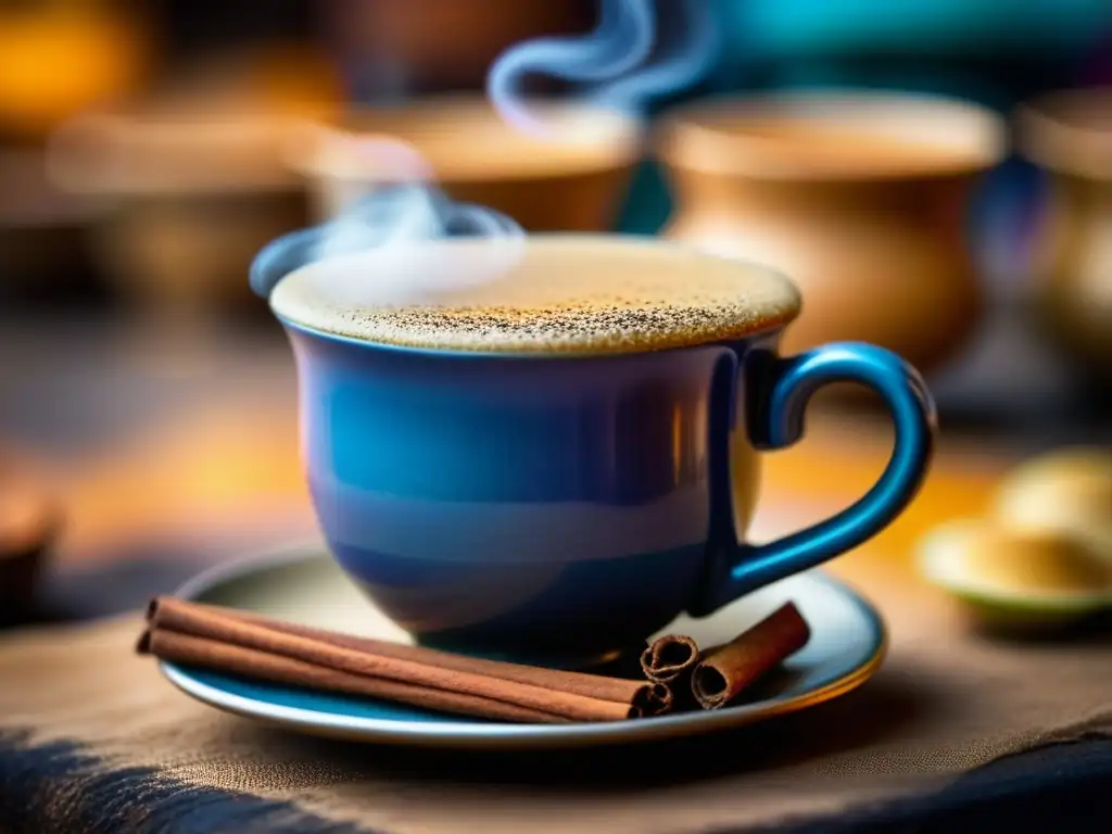 Una taza humeante de Masala Chai con especias flotando, en un mercado callejero de la India