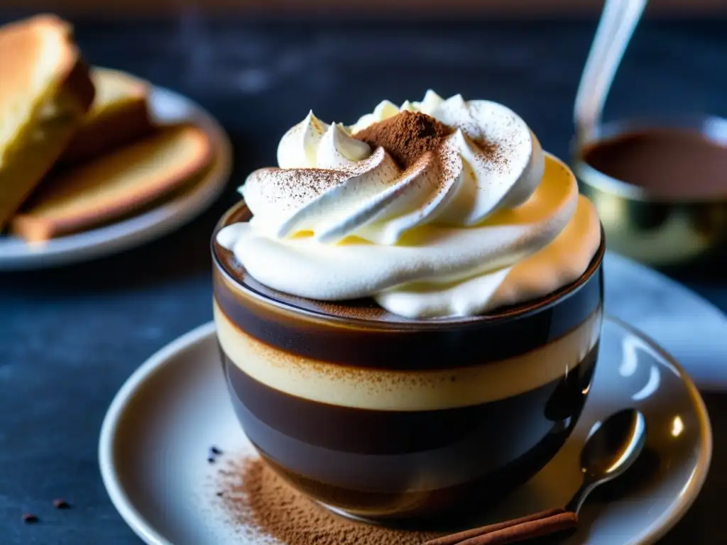 Una taza humeante de chocolate caliente español con nata montada y canela