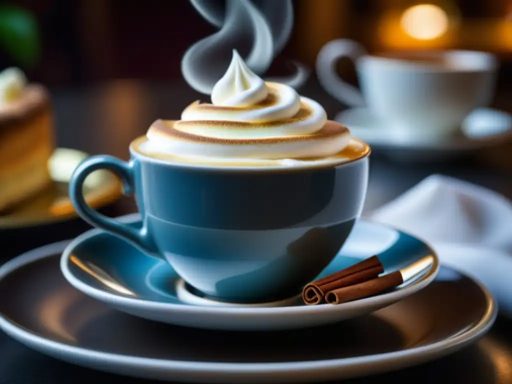 Una taza de café vienés humeante con crema y canela, en un elegante café vienés