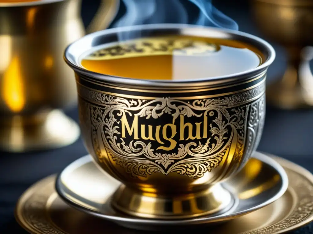 Una taza de plata Mughal llena de chai humeante, resaltando la elegancia y la historia de las bebidas históricas Era Mughal