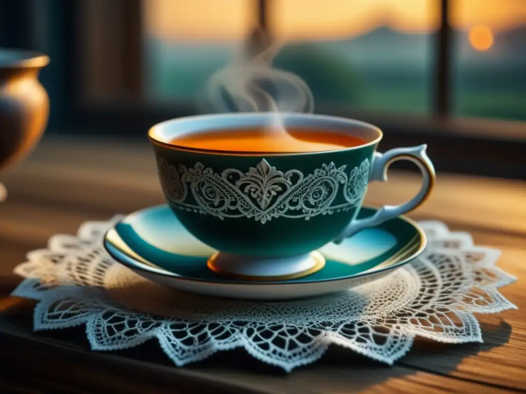 Taza de porcelana con té caliente en encaje vintage Una taza de porcelana delicada con té caliente humeante sobre un mantel de encaje vintage en una mesa de madera envejecida