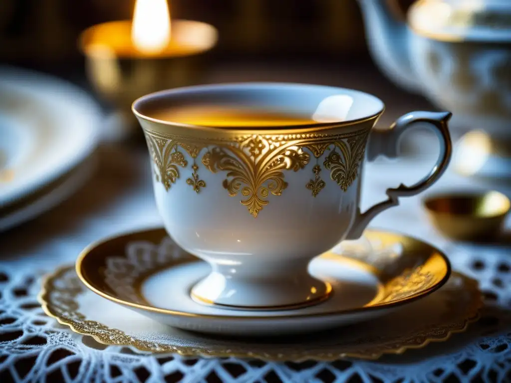 Una taza de porcelana con detalles en oro, repleta de té ruso, sobre un mantel de encaje en un elegante salón iluminado por velas