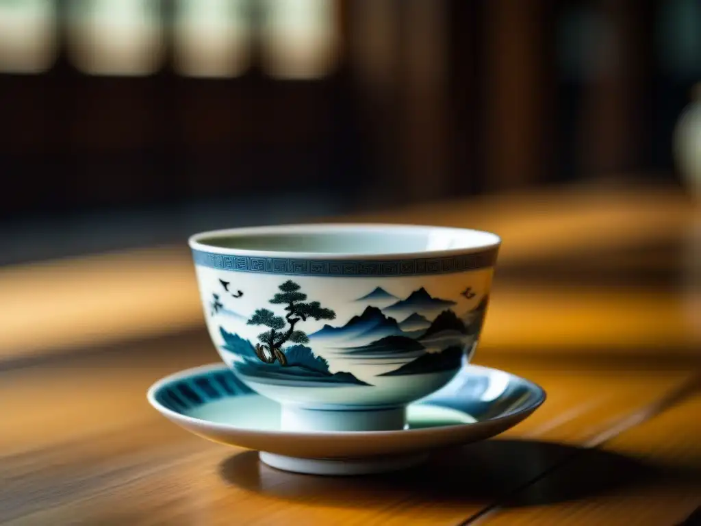 Una taza de té de porcelana de la dinastía Song, con paisajes y caligrafía china, iluminada suavemente en una mesa de madera