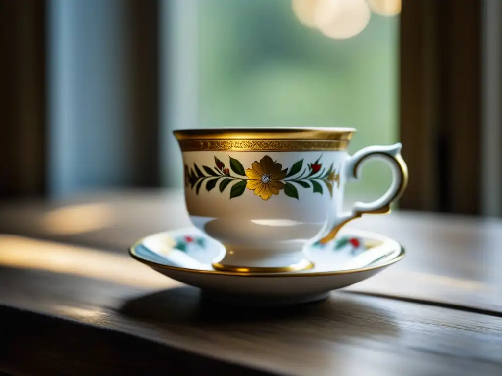 Una taza de porcelana de la era napoleónica con detalles florales y adornos dorados