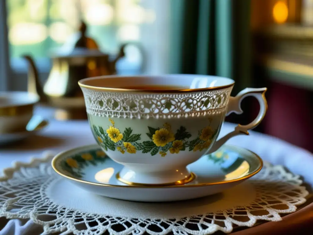 Una taza de té de porcelana con exquisitos patrones florales franceses sobre un mantel de encaje