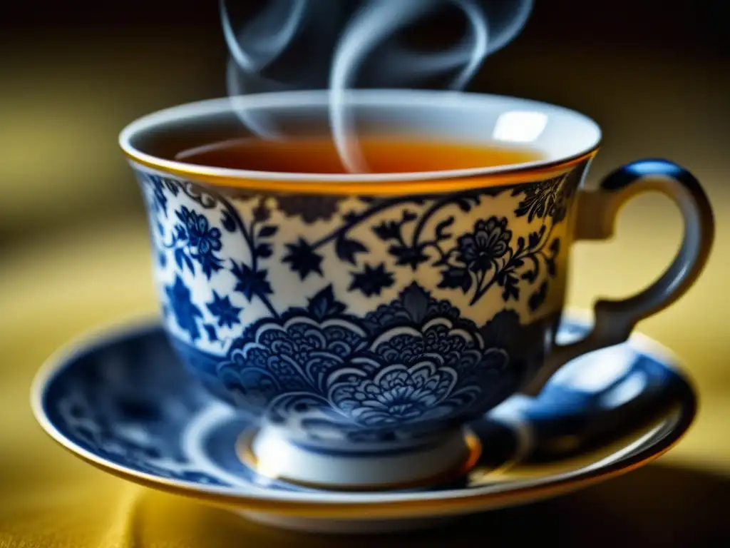 Una taza de porcelana llena de té caliente, con patrones florales detallados