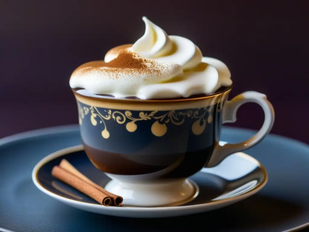 Una taza de porcelana llena de chocolate caliente ruso, con crema y canela, refleja la opulencia de las recetas históricas de la corte rusa