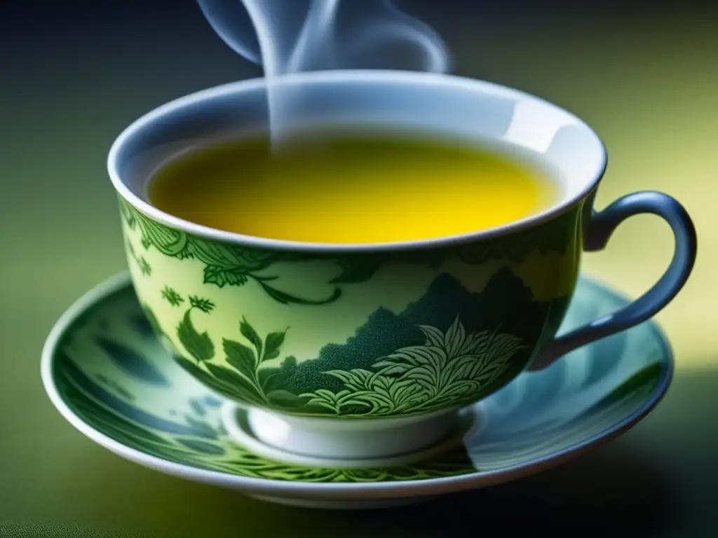 Una taza de porcelana llena de té verde humeante, mostrando patrones detallados