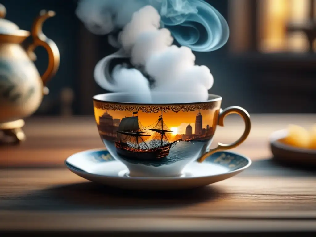Una taza de porcelana con té oscuro humeante sobre mesa de madera, evocando la historia y cultura de la Boston Tea Party