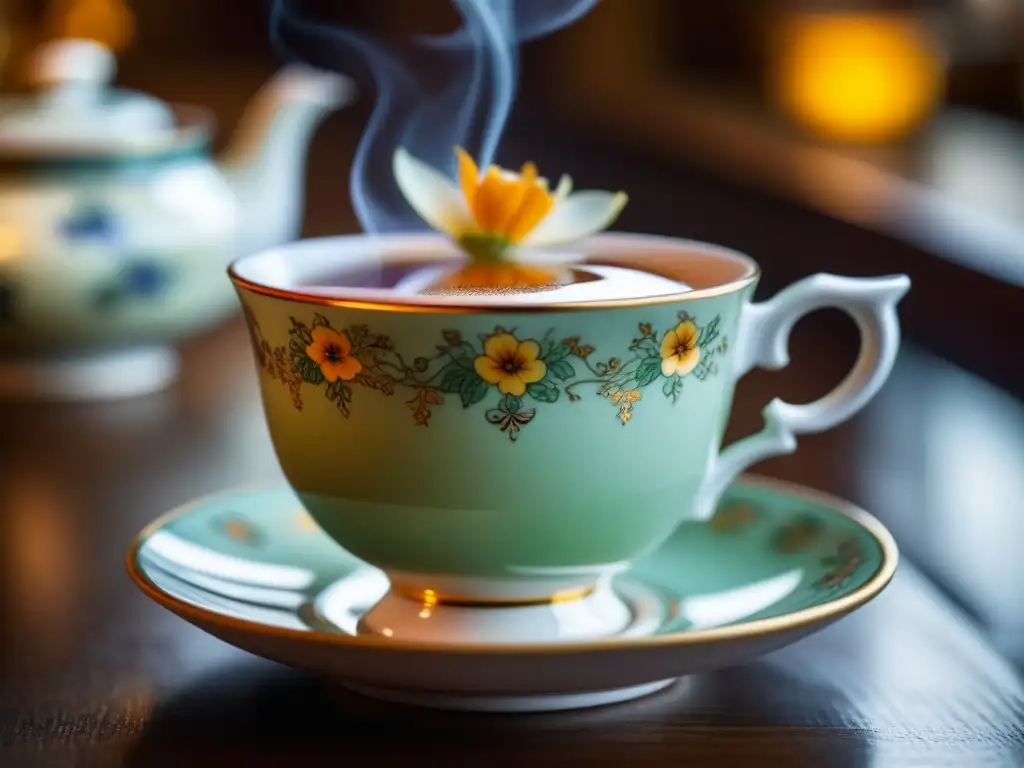 Una taza de té de porcelana con patrones florales, repleta de té ámbar en una elegante sala de té inglesa