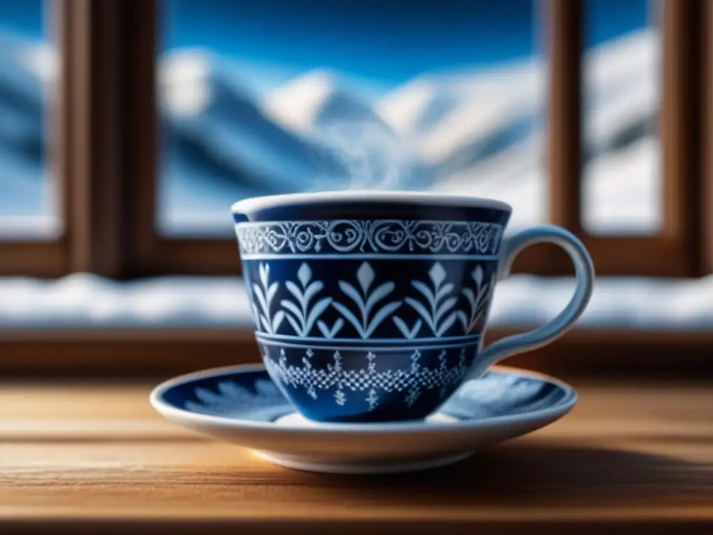 Una taza escandinava de café en porcelana con patrones nórdicos en azul y blanco, en una atmósfera acogedora