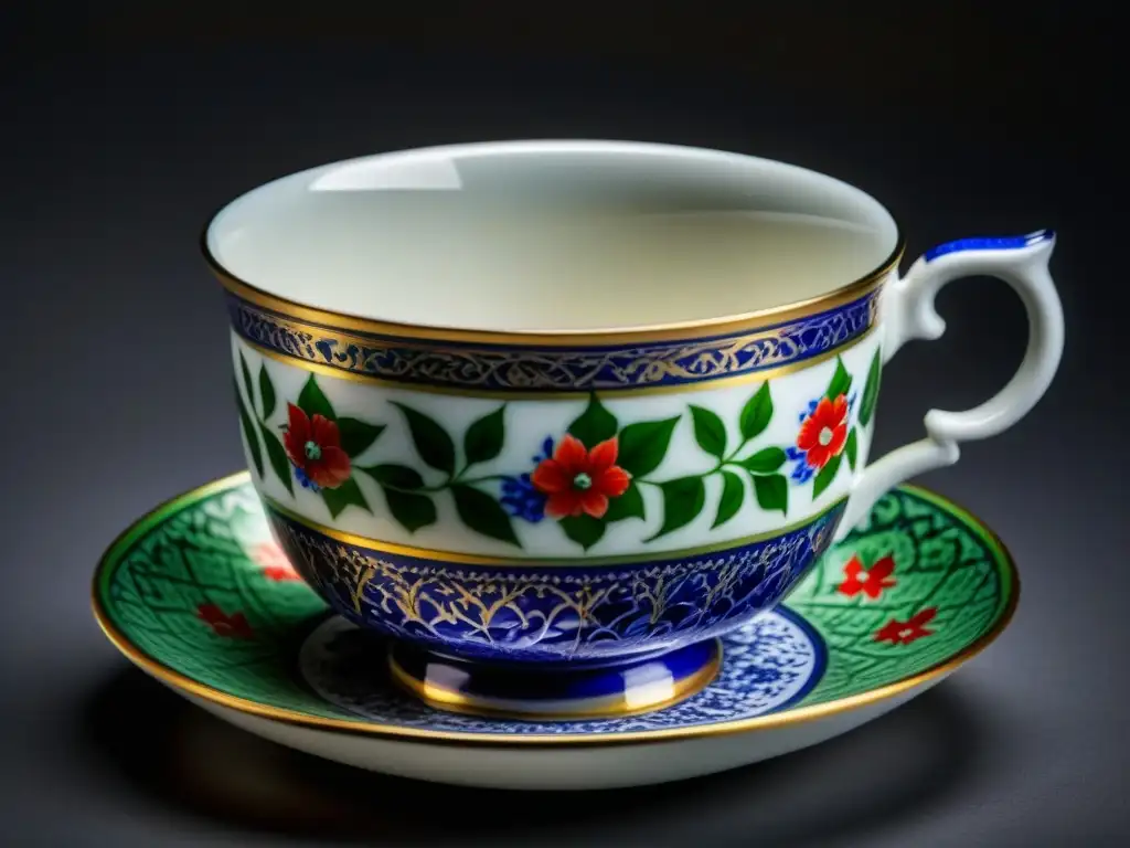 Una taza de porcelana pintada a mano de la era Mughal, reflejando la riqueza cultural de la Cultura del té en Mughal