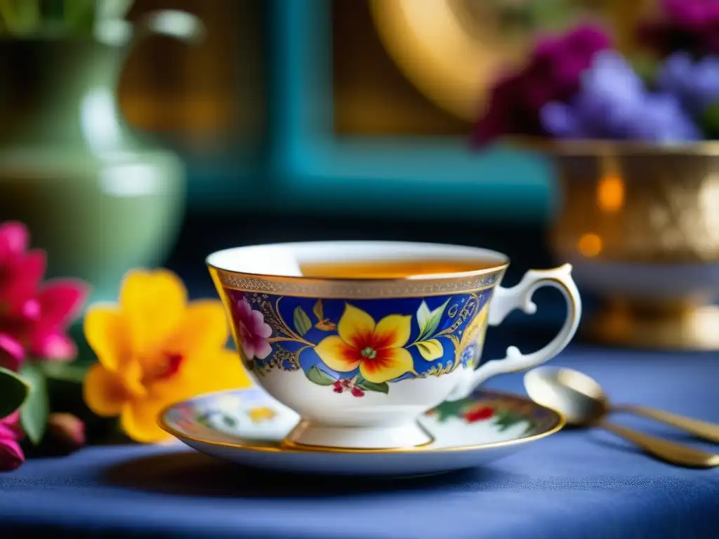 Una taza de té de porcelana pintada a mano con patrones florales en un lujoso salón de té Mughal