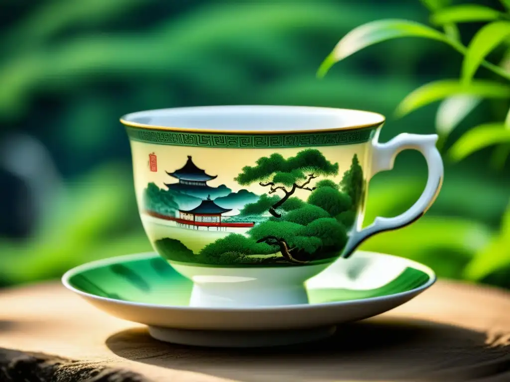 Una taza de porcelana con pinturas chinas tradicionales que resaltan la importancia histórica del té, rodeada de hojas verdes de té