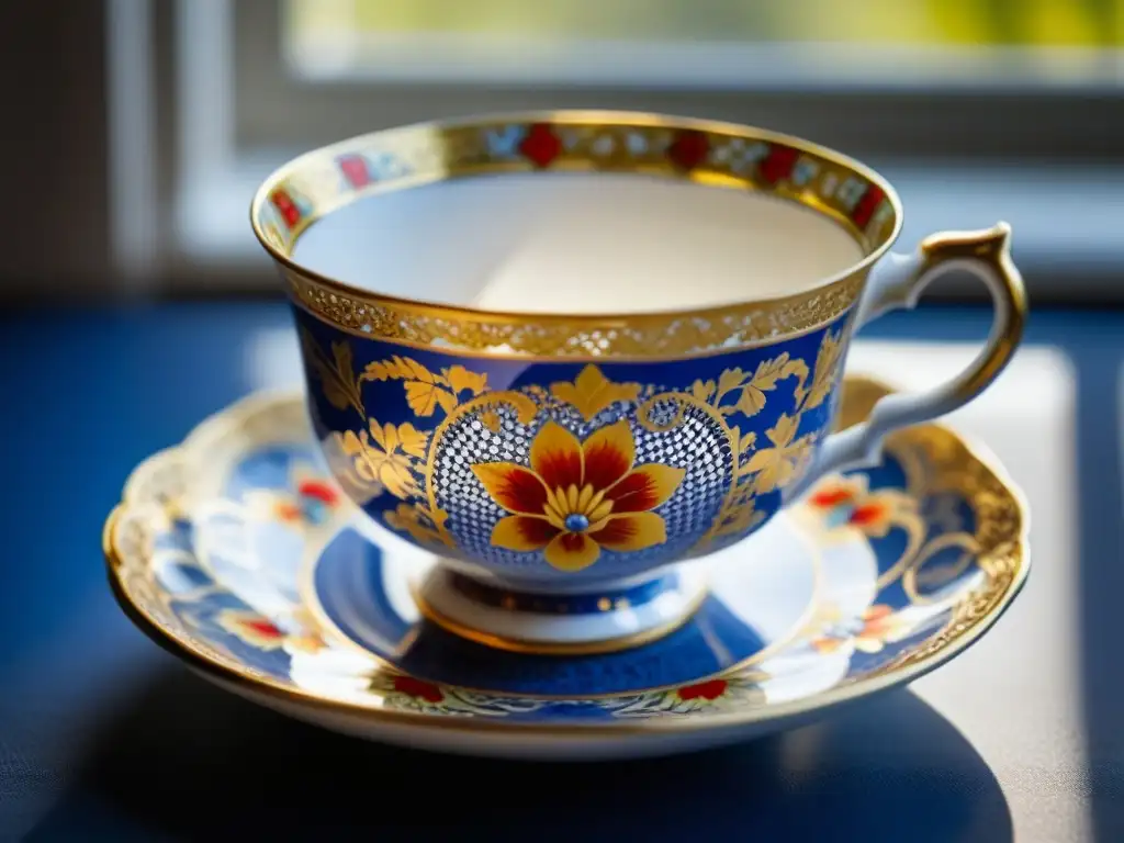 Exquisita taza de porcelana del siglo XIX: arte floral en azul, rojo y oro Una taza de porcelana del siglo XIX, con detalles florales pintados a mano en tonos vibrantes, destaca la importancia cultural del té en América