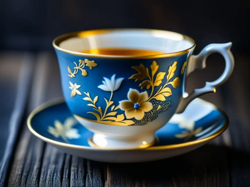 Una taza de porcelana del siglo XVIII con decoración floral en azul y dorado, evoca historia y cultura de la Boston Tea Party