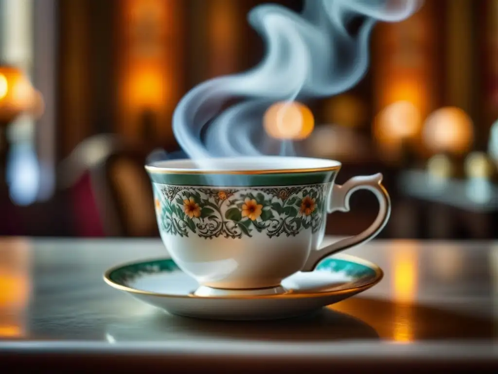 Una taza de té ruso humeante en un salón de té, con elegante decoración francesa