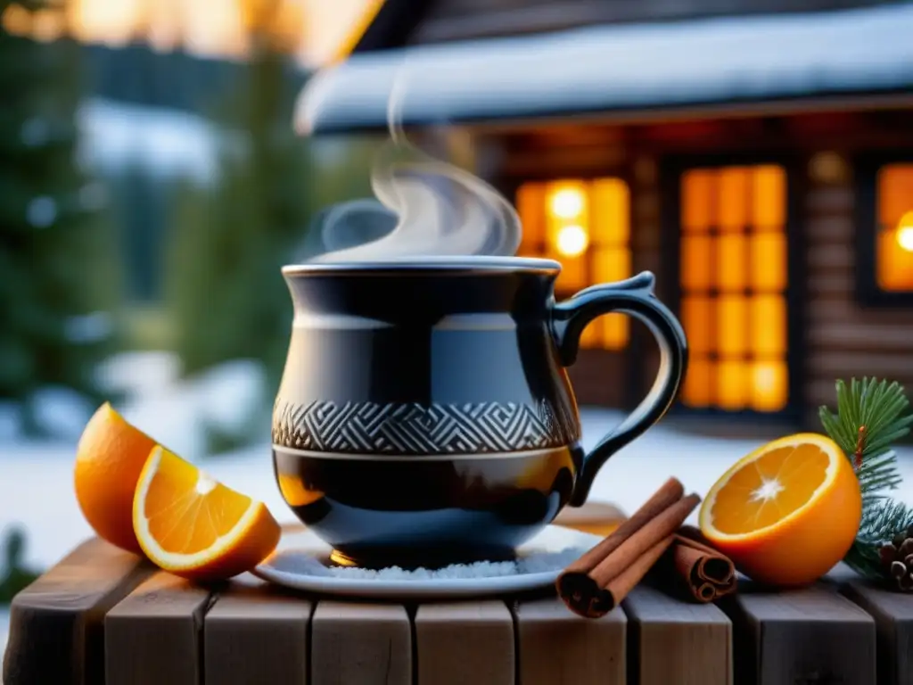 Una taza de glögg sueco con canela y piel de naranja, en un escenario invernal acogedor