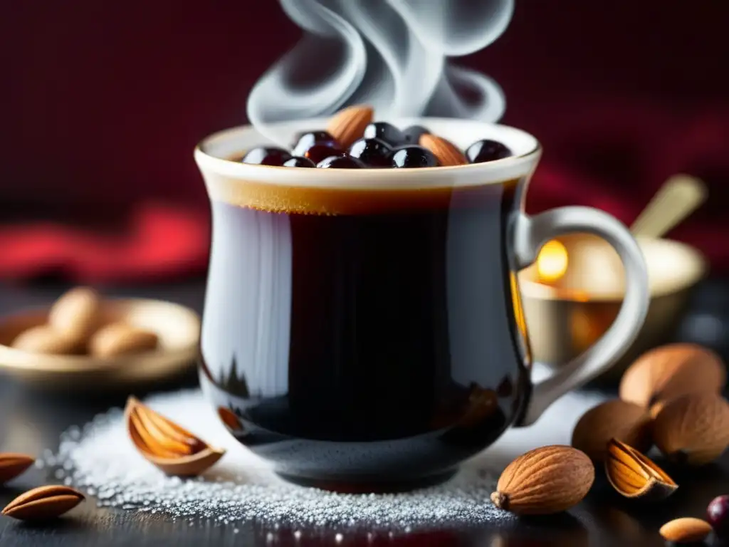 Una taza de glögg sueco tradicional, roja y humeante, con almendras y pasas flotando, capturando la esencia invernal de una cabaña de madera