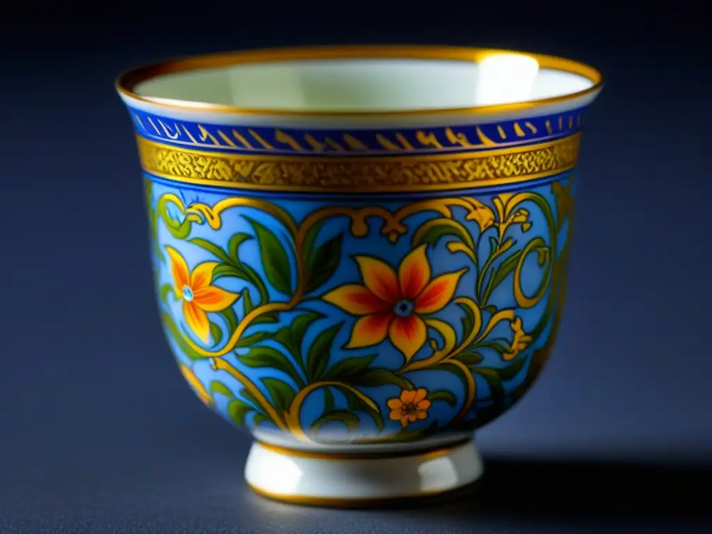 Una taza de té Mughalera, decorada con patrones florales vibrantes y detallados, reflejando la cultura del té en Mughal