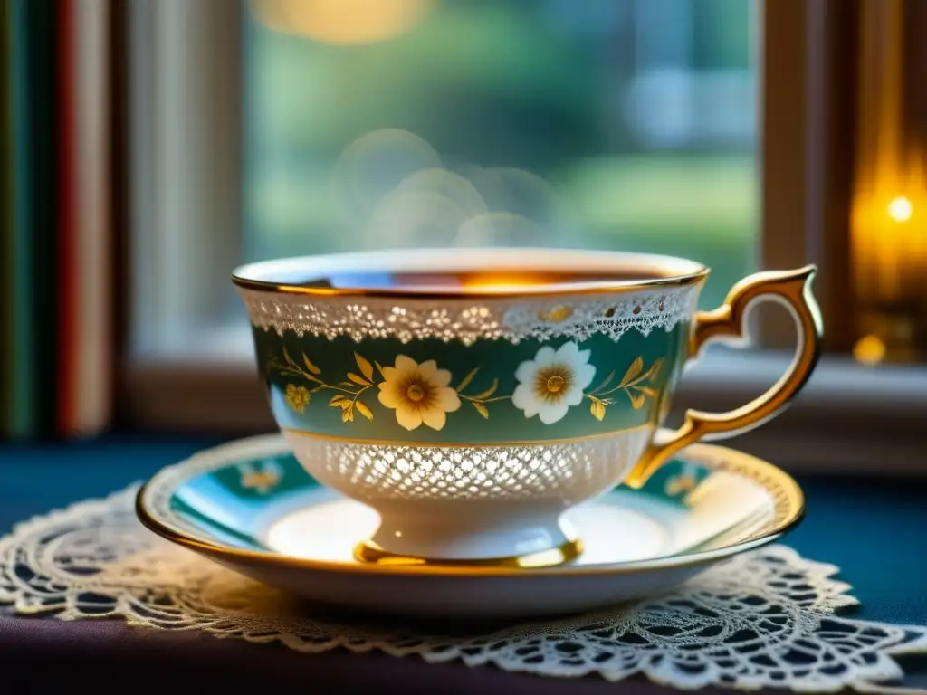 Una taza vintage inglesa decorada con patrones florales y detalles dorados, rebosante de té caliente, en un ambiente acogedor de salón de té inglés