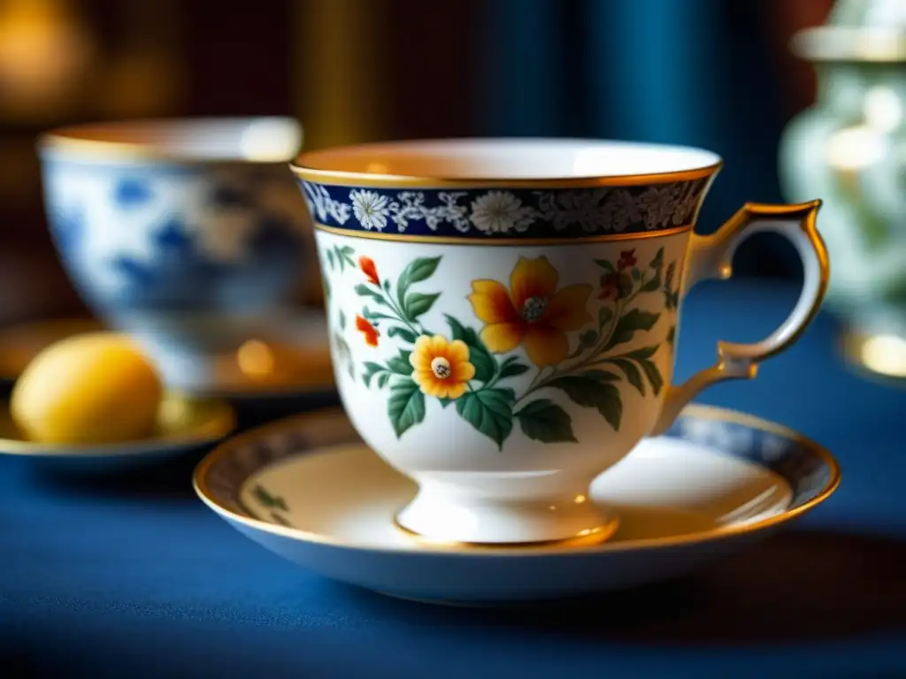 Una taza de té vintage con intrincados diseños florales en un mercado inglés del siglo XVIII