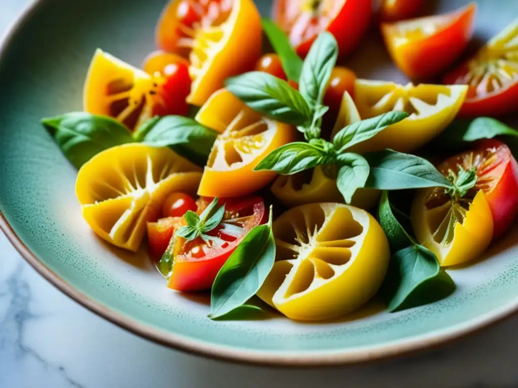 Delicada belleza: cuenco de cerámica con tomates heirloom y aceite de oliva Un tazón de cerámica artesanal desgastado, repleto de tomates multicolores, albahaca fresca y aceite de oliva