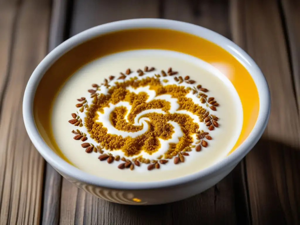 Un tazón de cerámica con leche de camella y especias, resalta los beneficios de la gastronomía